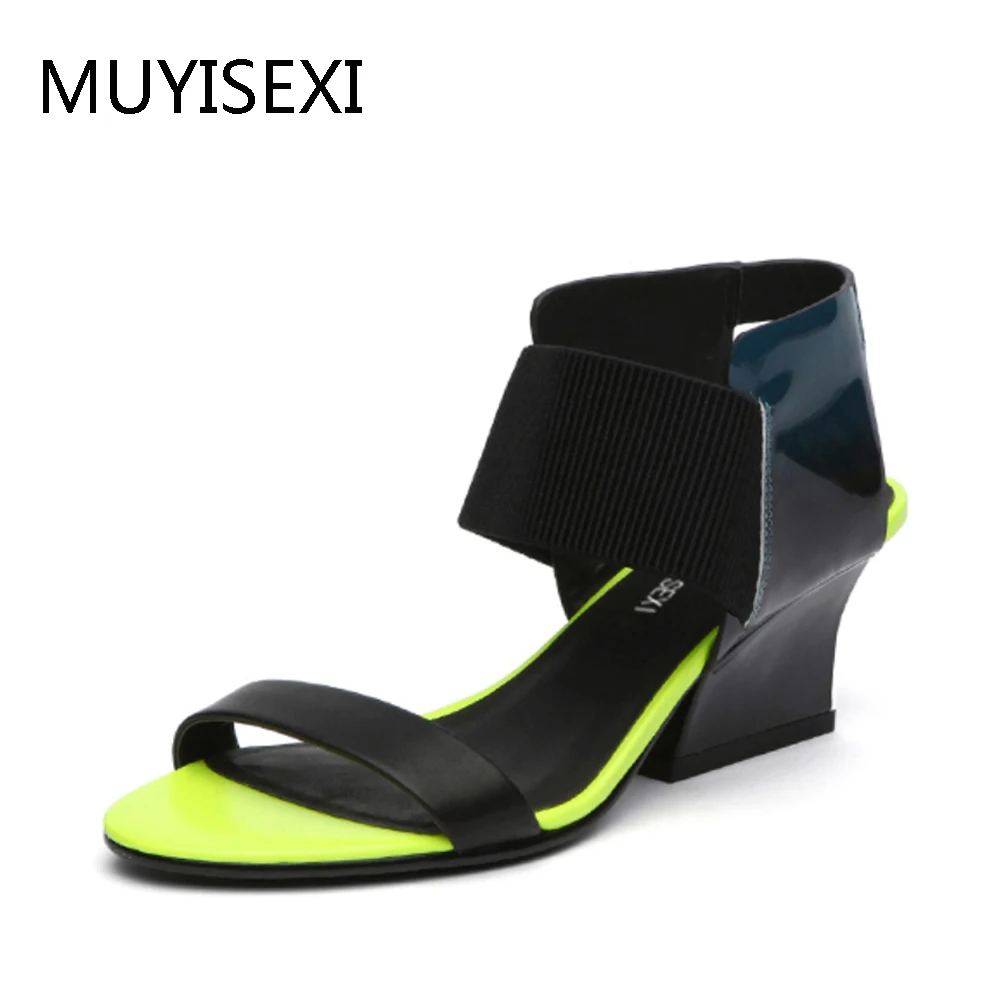 Women Sandals Summer 2018 Mixed Color Genuine Leather Basic Sandals Women with Elastic band High Heels Shoes Woman HL39 MUYISEXI