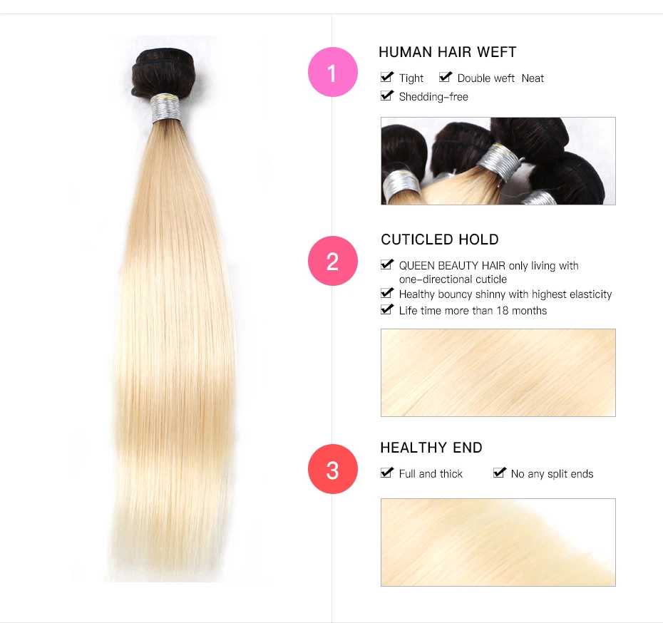 Königin Schönheit 3 Bündel und Verschluss 2 Ton dunkle Wurzeln 1b/613 Ombre blonde brasilia nische gerade Bündel remy menschliches Haar mit Verschluss – Detail 2