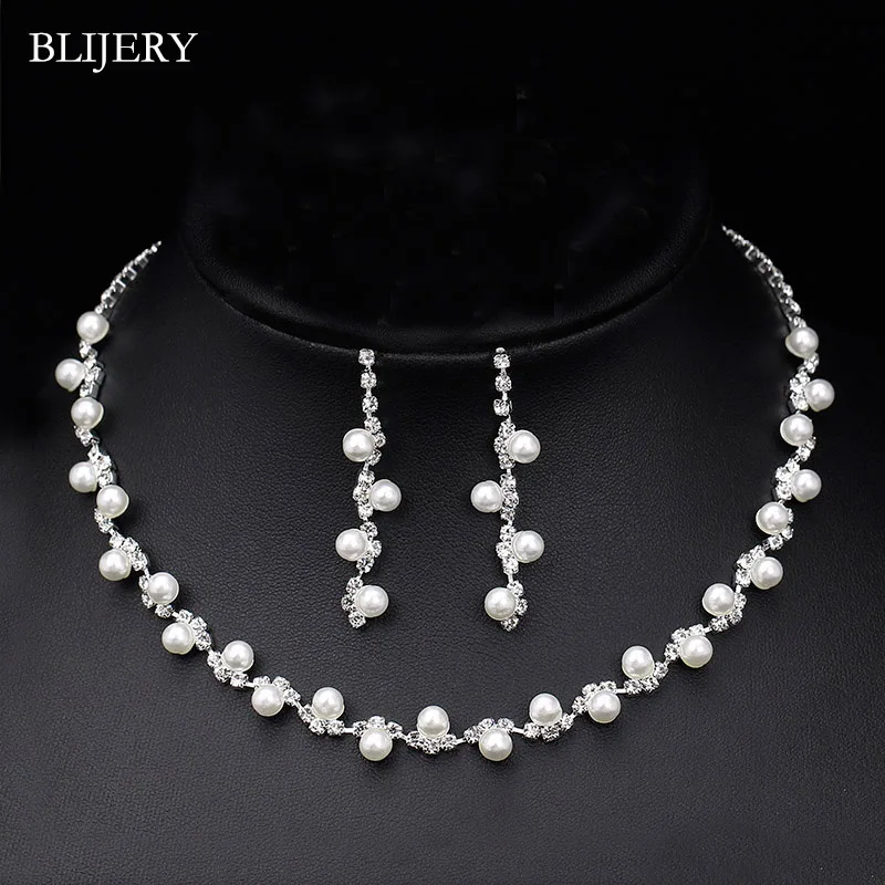 BLIJERY Fashion Simulated Pearl Bridal Jewelry Sets Rhinestone Choker Necklace Earrings African Wedding Jewelry Sets for Women