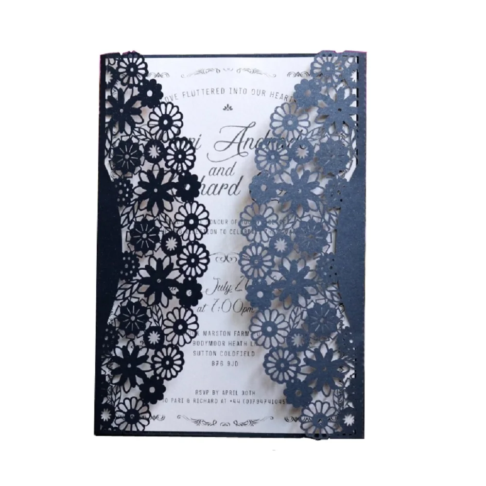 

Navy Blue Pearl Paper Lace Hollow Invitations Card for Business Birthday Thanksgiving Wish Greeting Cards, 12x18cm