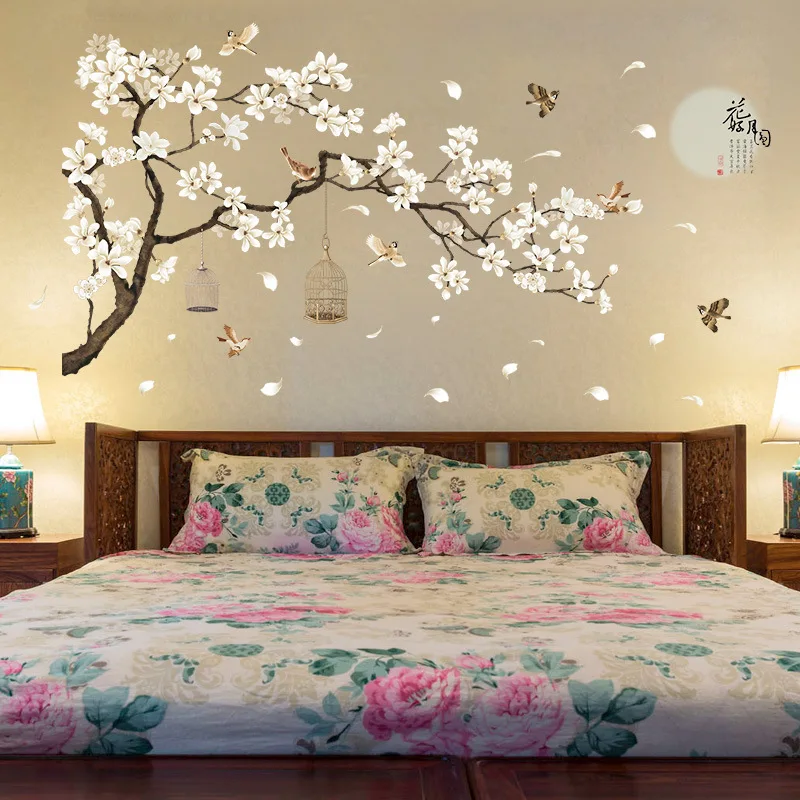 Chinese Ancient Style Flower Moon Wall Stickers For Living Room Sofa/TV Background Decoration Decals Beautiful Art Poetry Mural