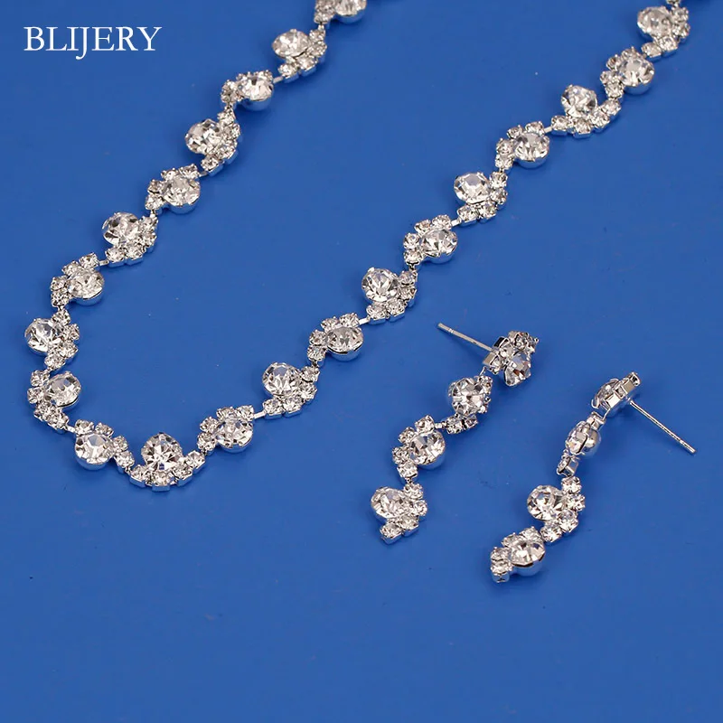 BLIJERY Silver Color Rhinestone Crystal Choker Necklace Earrings Set for Women Floral Bridesmaid Bridal Wedding Jewelry Sets