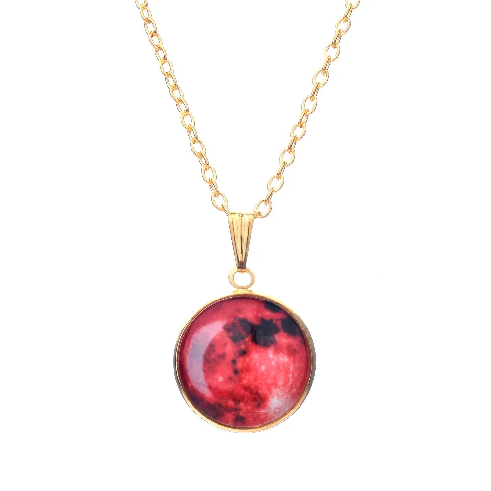 Hainon Glow In The Dark Moon 25mm Galaxy Planet Glass Pendant Necklace Gold Color Chain Luminous Jewelry Women Gifts