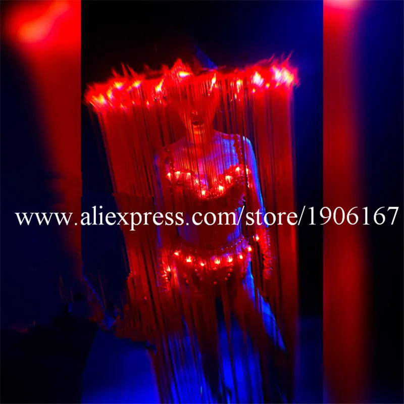 Nightclub Female Models Show Led Luminous Bikini Suit With Hat Chinese Style Led Light Tassels Red Headdress Ballroom Costumes