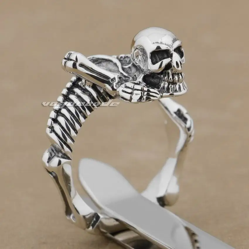 

LINSION 925 Sterling Silver Crawling Skull Ring Mens Biker Rocker Punk Ring 9M007