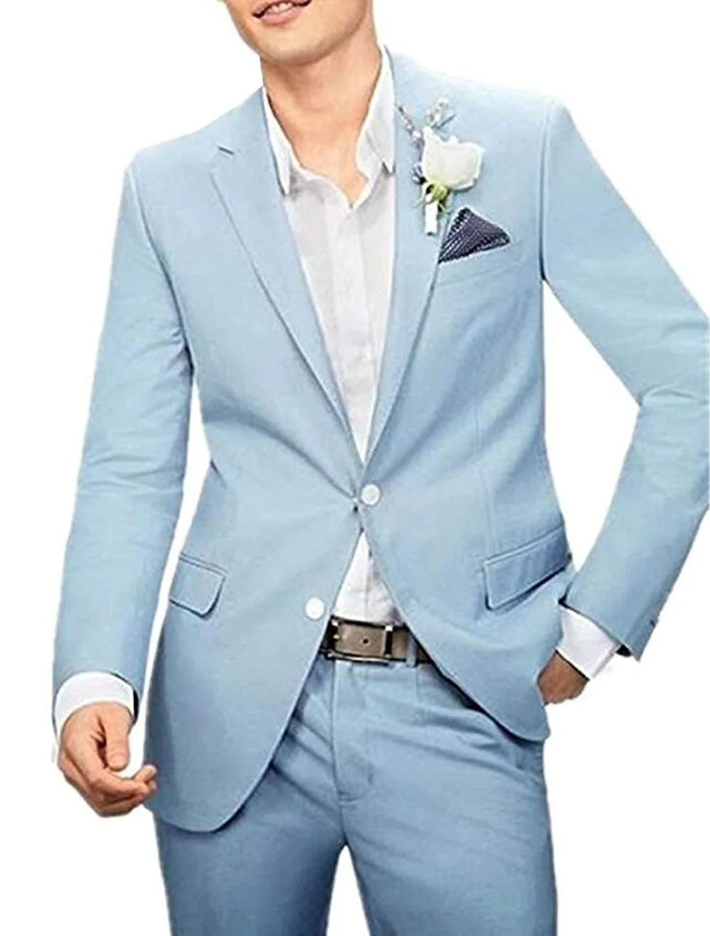 Light Blue Men Suits 2 Pieces Formal Slim Fit Lapel Wedding Suits Two Buttons Tuxedos Groomsmen ( Blazer+Pant)