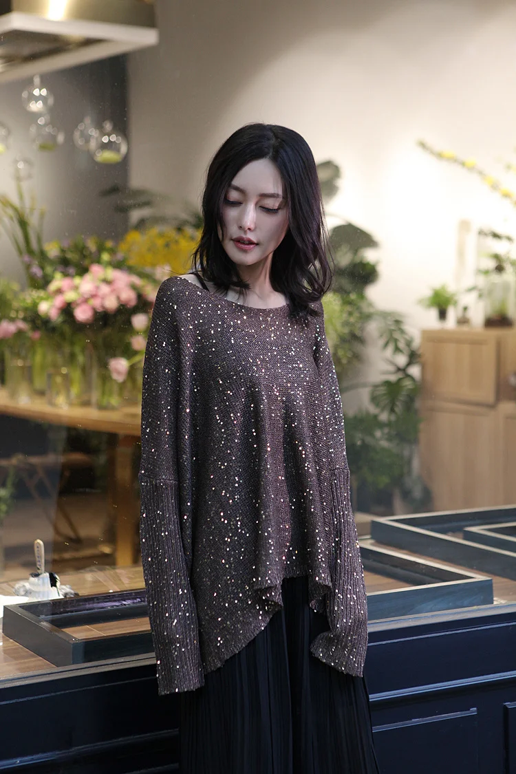 Cakucool Shiny Lurex Knit Tops Women Batwing Long Sleeve Big O-neck Sequined Sweaters Shiny Loose plus size Women Jumper 8color