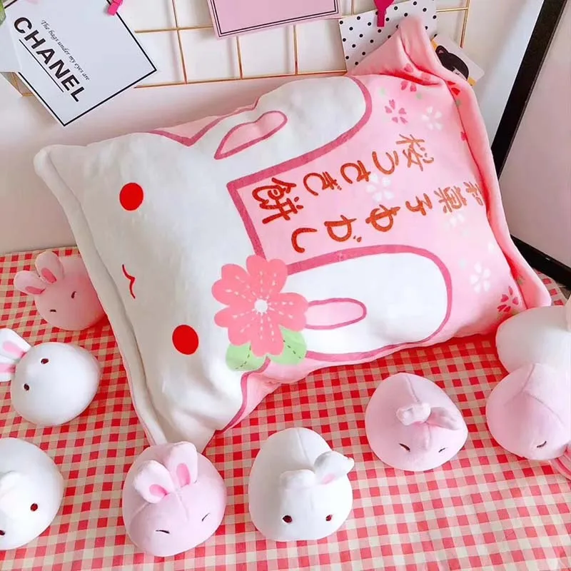 Eine tasche von kaninchen pudding plüsch spielzeug simulation snack werfen kissen kawaii rosa sakura kaninchen plüsch kreative spielzeug für