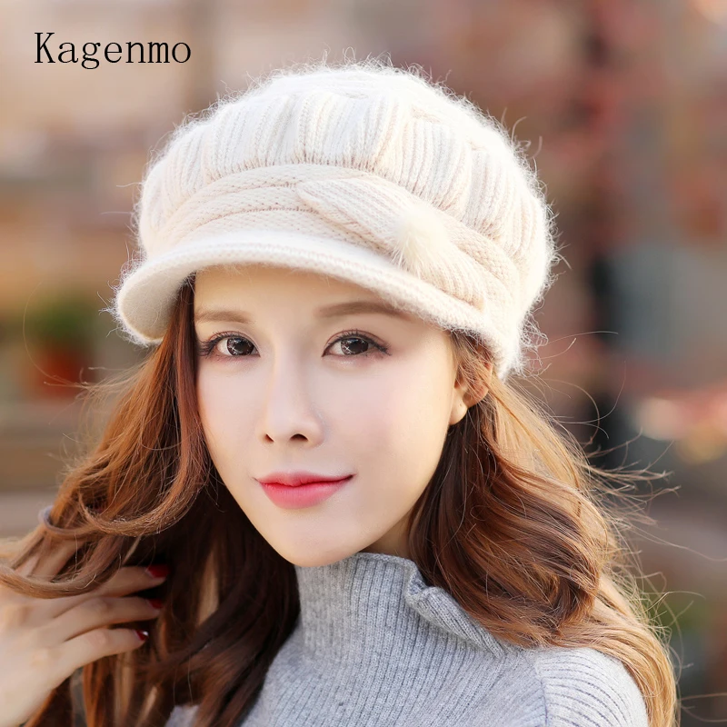 Kagenmo Cap And Scarf Twinset Warm Winter Keep Warm Accessories Rabbit Fur Knit Women Hat Outdoor Windproof Thermal Scarf