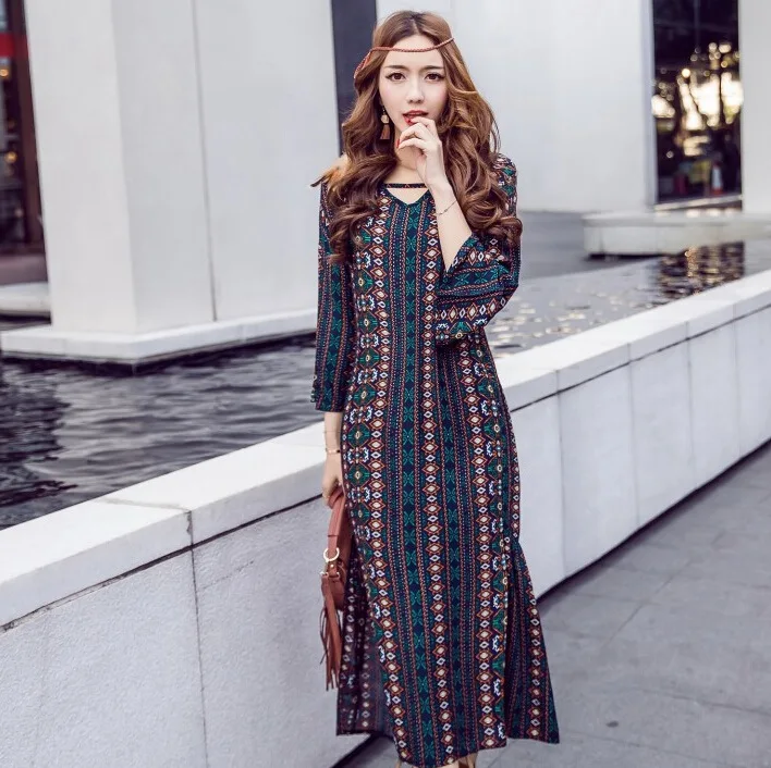 Bohemian Ethnic Women Summer Print Long Dress Thailand Vestidos Longos Robes Femmes Ukraine Vestiti Donna Tunique Dress Boho