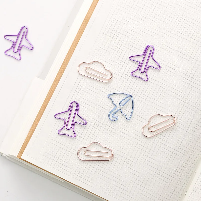 12pcs/box Electroplated Paper Clip Airplane Umbrella Cloud Shape Note Clips Kawaii Bookmark Office Shool Stationery Marking Clip