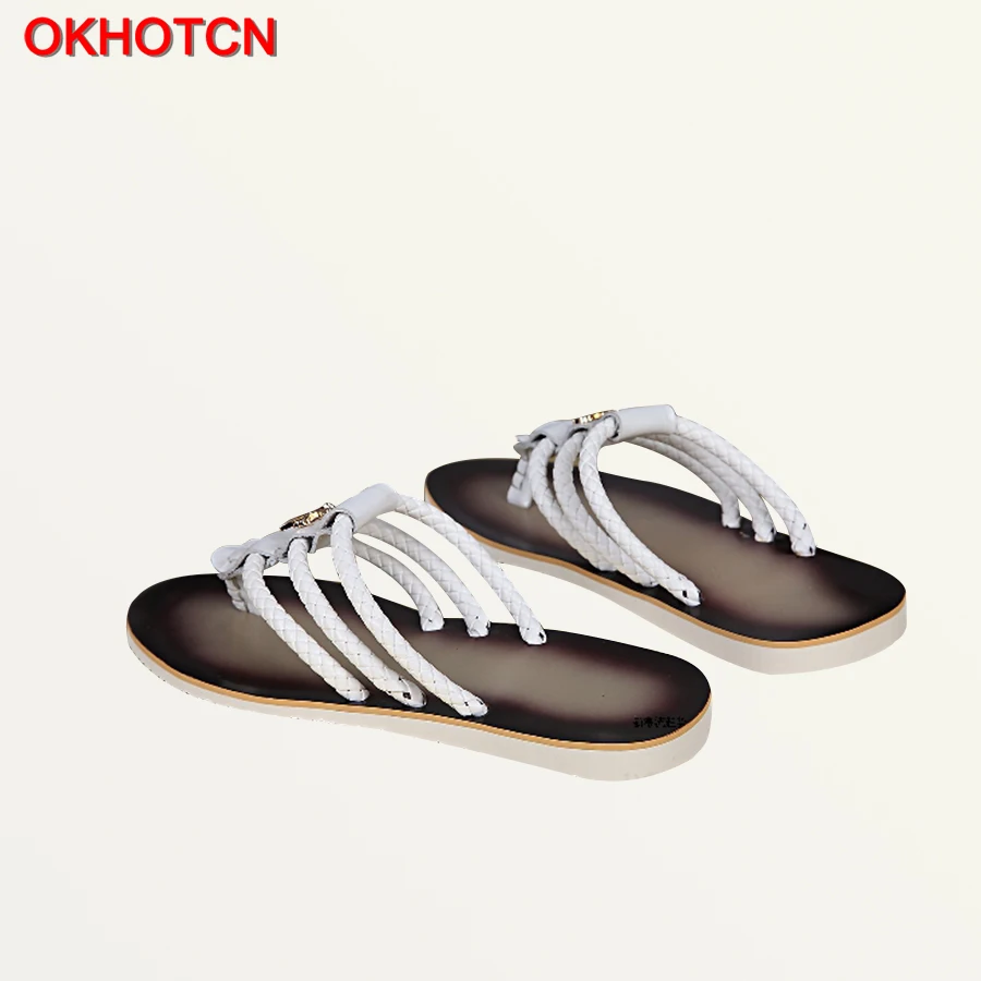 Fashion Men Flip Flops Summer Plus Size 46 Leather Non-Slip Beach Shoes Poplar Braided Strips With Metal Decoration Men Slippers