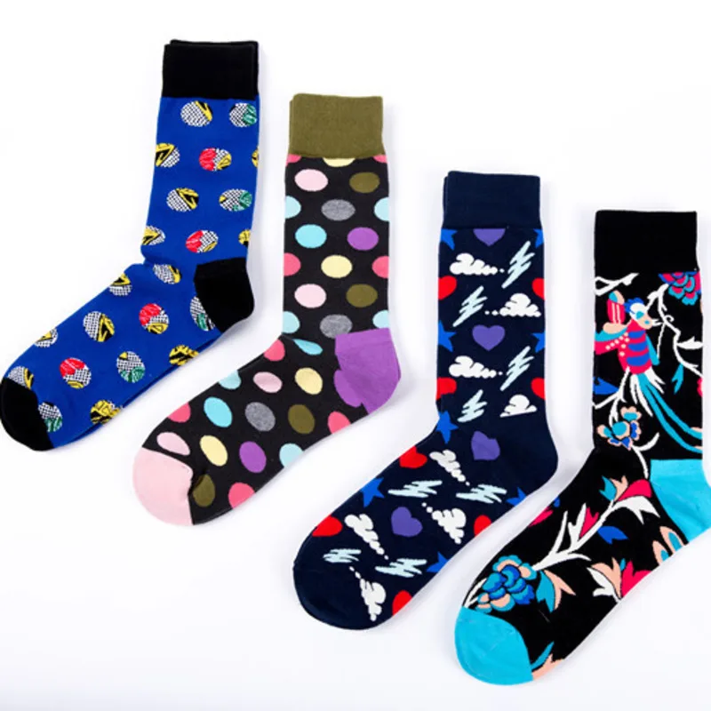 Fashion Men Casual Cotton Happy Funny Socks Street Skate Harajuku Hip Hop Colorful Magpie Polka Dot Male Socks Autumn Winter