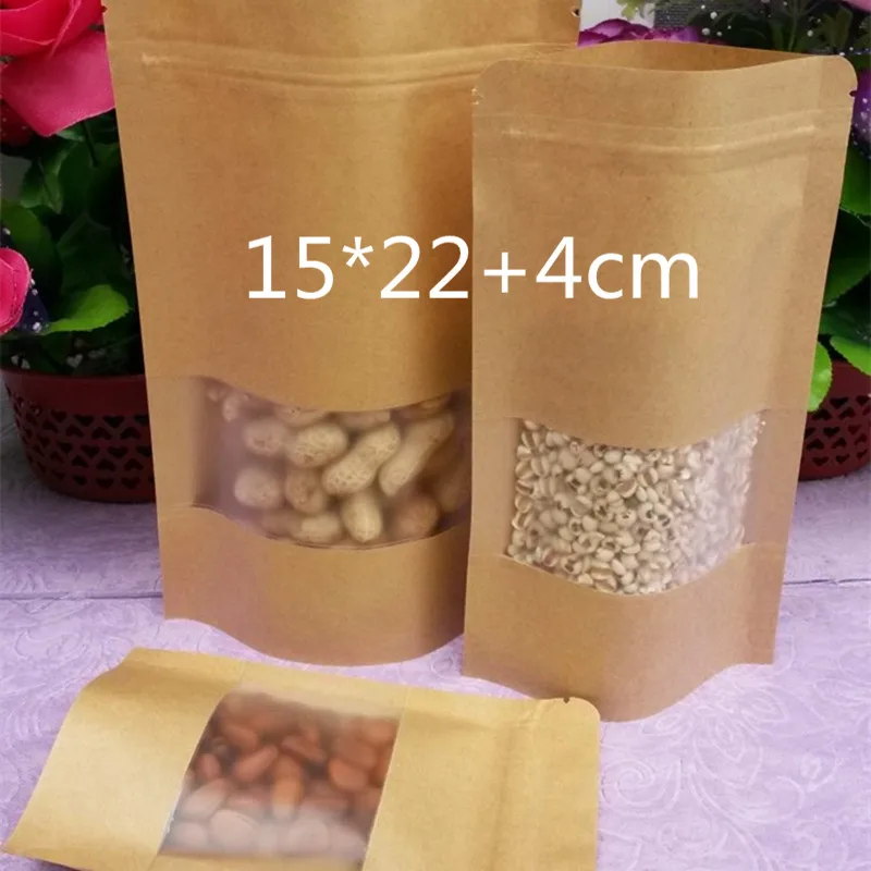 100 Pieces 15*22+4cm Resealable Brown Kraft Paper Bags for Tea Gift Bags Packaging Bag