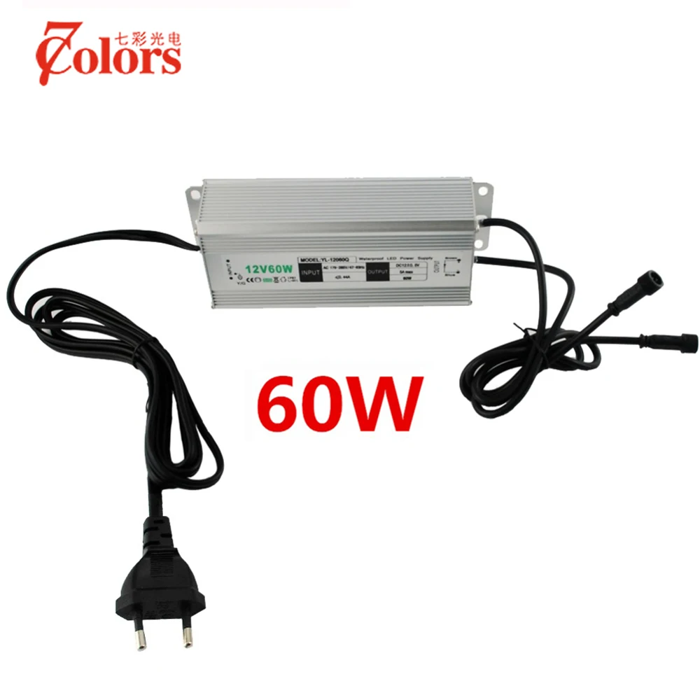 

12V 60w Power Supply for LED Light Waterproof IP67 Transformer 220V 12V EU US UK AU Plug LED Driver with 2 male connector