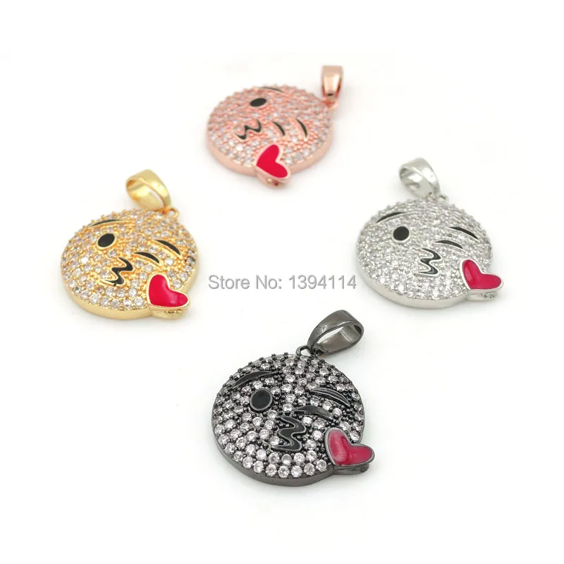 

16*17*2mm Micro Pave Clear CZ Round Charm With Blowkiss Face Enamelled Fit For Women As Necklace Accessory