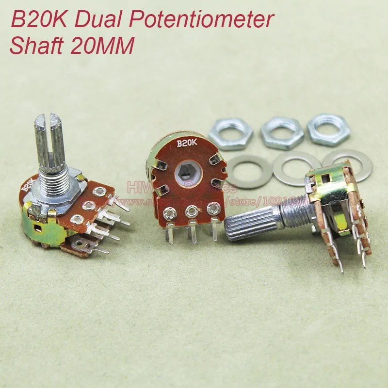 (10pcs/lot) B20K 20K OHM 20KOhm WH148 Linear Dual Rotary Potentiometer Pots Shaft 20MM With Nuts And Shim