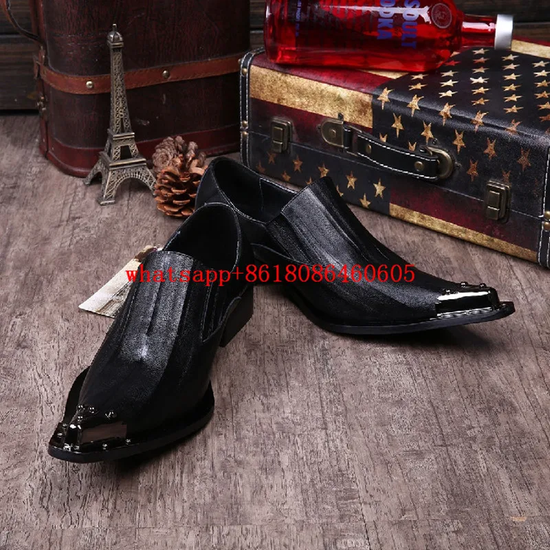 Men dress shoes luxury brand black leather blue spiked loafers slip on mens pointy shoes oxford classic wedding formal shoes