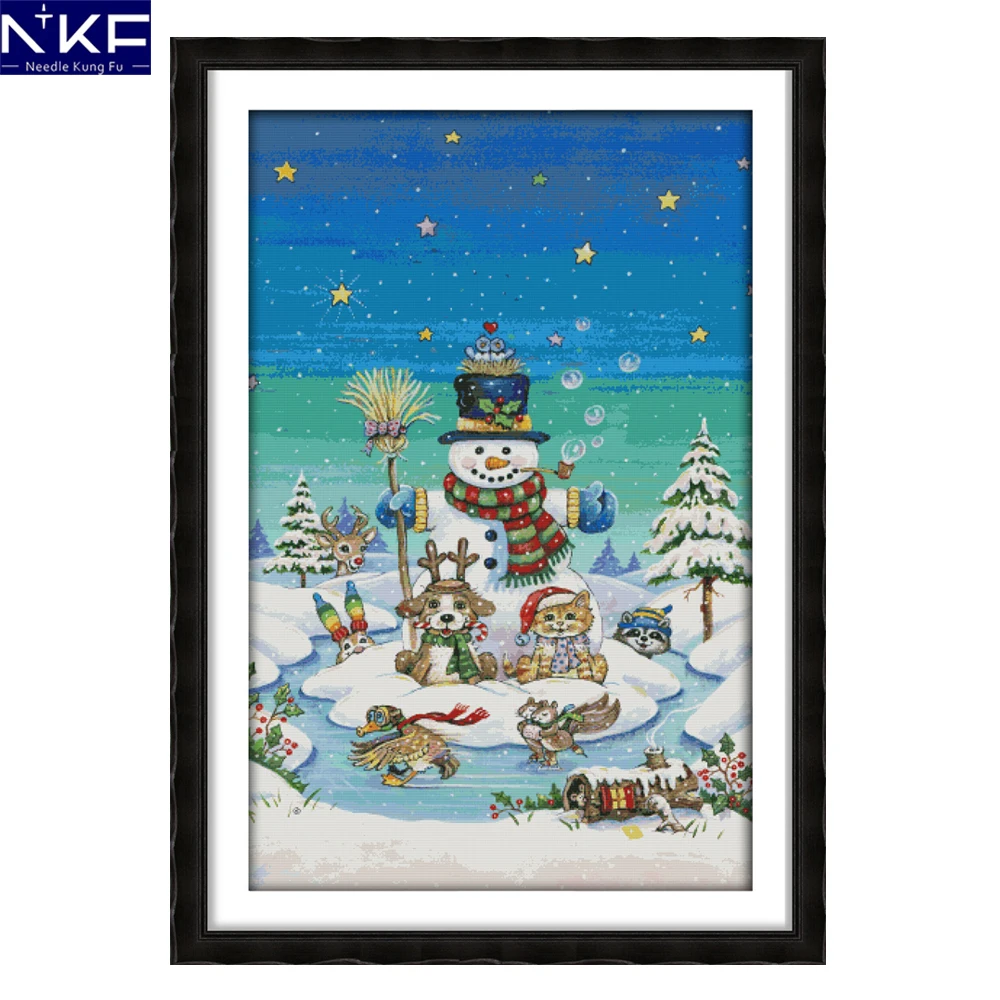 NKF Snowman Pattern Counted Cross Stitch 11CT 14CT Cross Stitch Kit for Embroidery Count Cross Landscape Needlework Home Decor