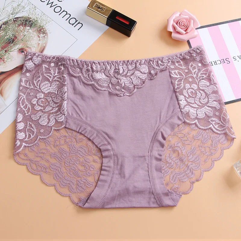 2 pcs/lot Lace Pure Cotton Panties Plus Size XXXL Sexy Women Briefs Bottom Middle Rise Lingerie Large Fancy Underwear