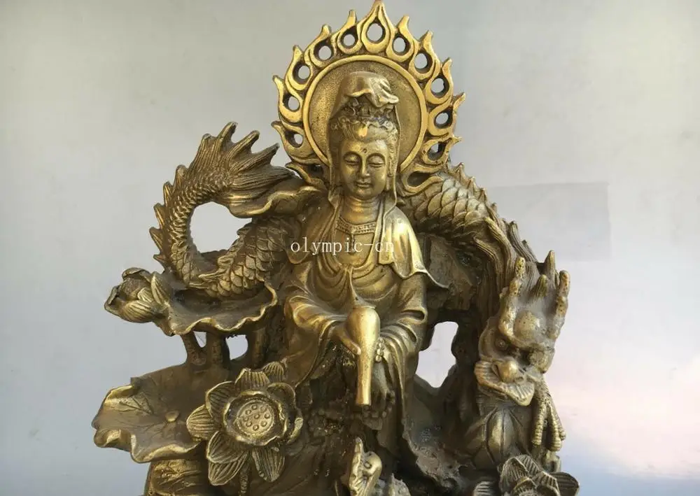 9'' brass carved lotus two dragon buddhism hold vase Avalokitesvara Guanyin