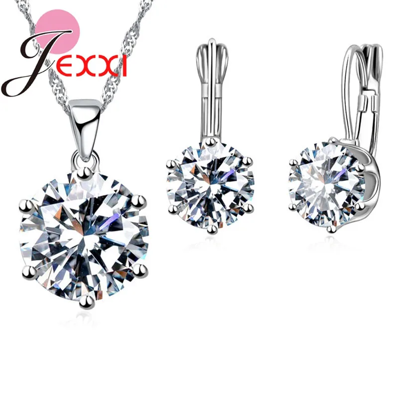 Hot Sale Fashion Cubic Zirconia Wedding 925 Sterling Silver Crystal Statement Pendant Necklace Earrings Jewelry sets for Women