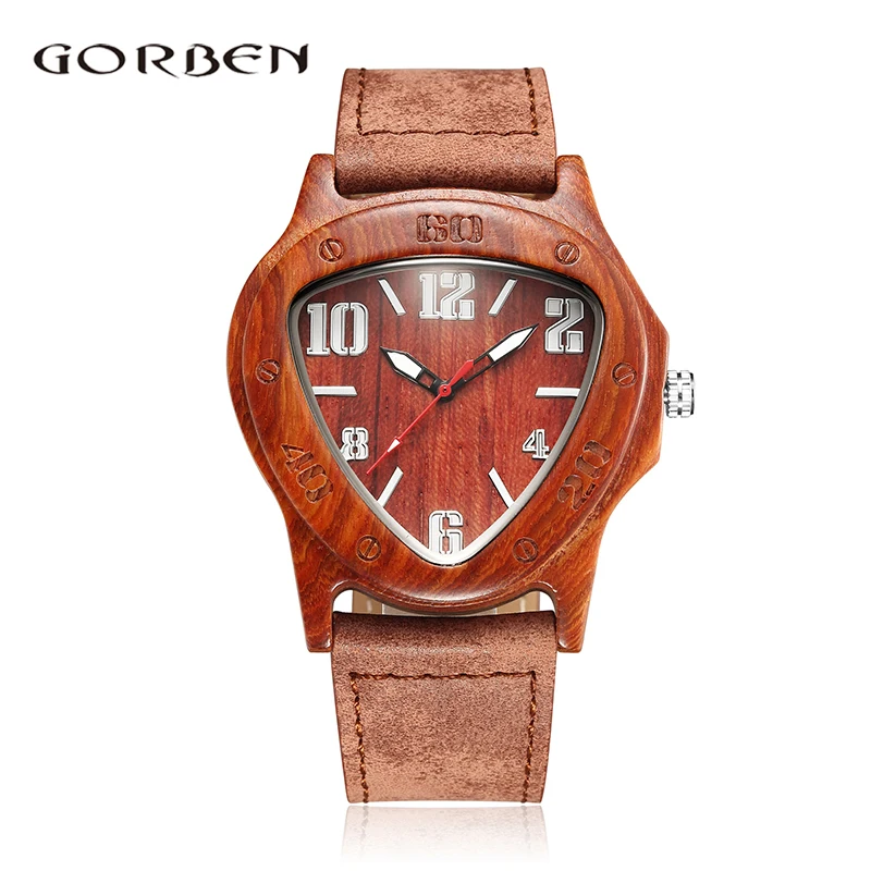 Reloj de madera minimalista para hombre, pulsera de cuarzo, con correa de cuero natural, estilo triangular, Retro