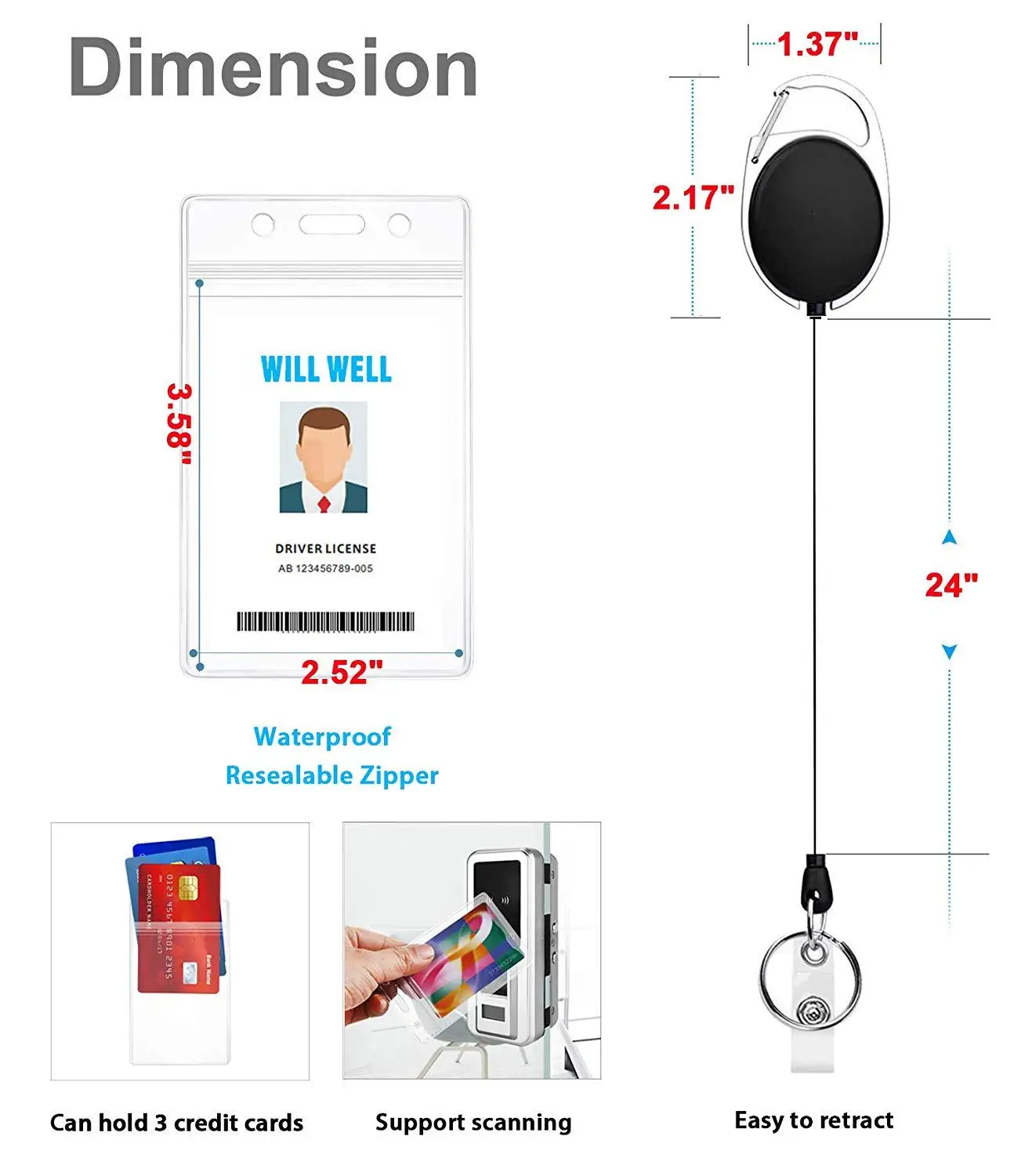 Tarjetero retráctil con Clip de carrete para hombre y mujer, estuche transparente para tarjetas de identificación y autobús, paquete de 2 unidades