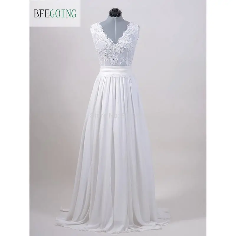 Novo chiffon a linha até o chão vestido de casamento vestido de noiva pérolas frisado rendas-appliques com decote em v faixa branco marfim feito sob encomenda