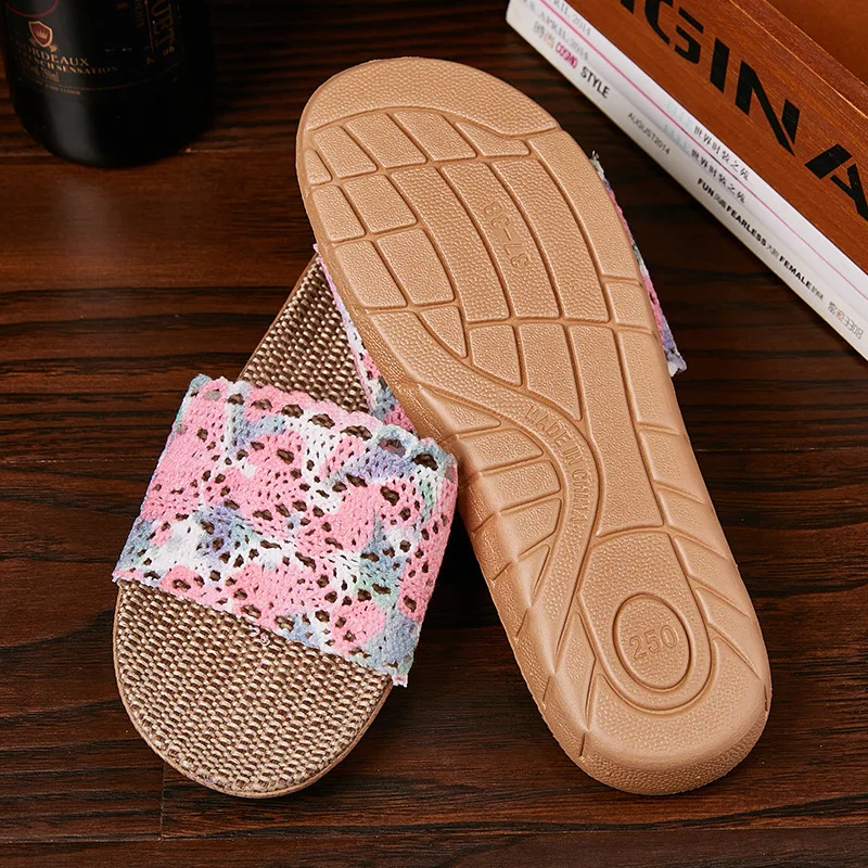 Mntrerm Female Cotton Flax Slippers Women Breathable Hollow Flat Slipper Summer Linen Shoes Indoor Non-slip Home Shoes Flip Flop