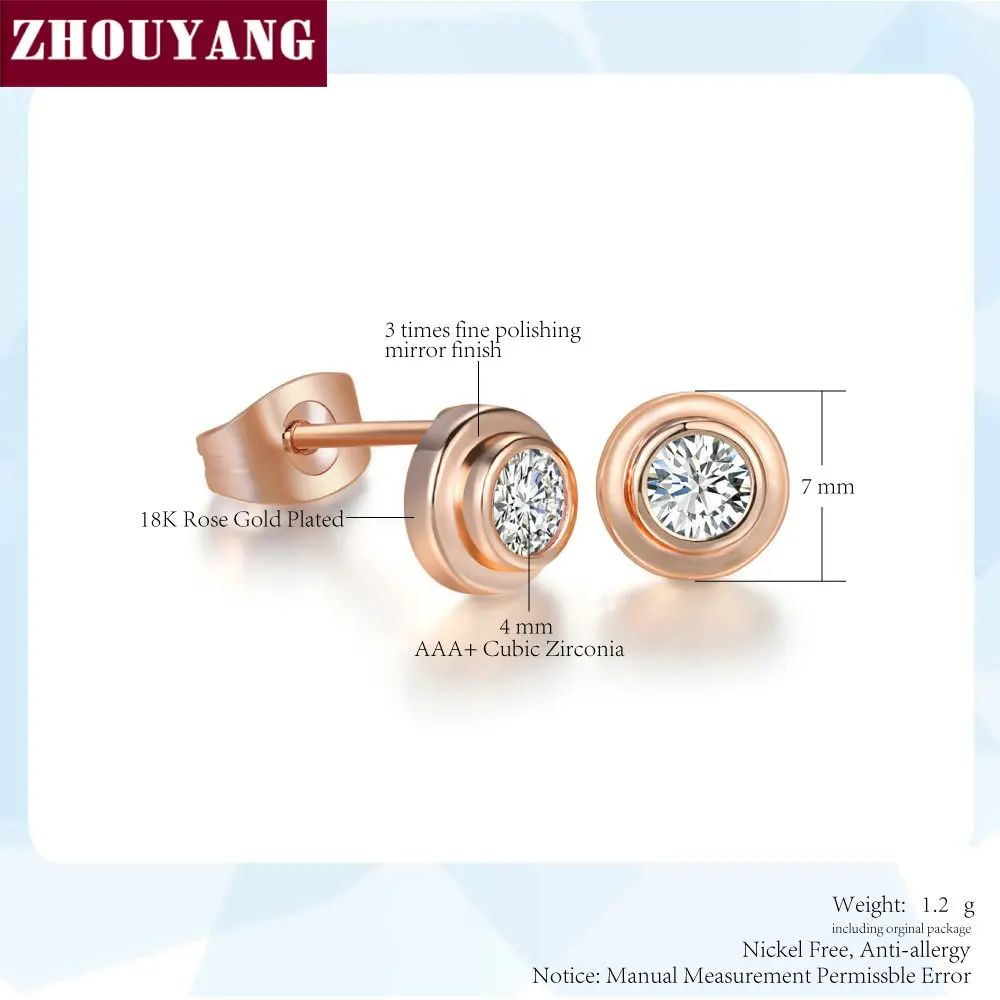 ZHOUYANGM Simple Style Cubic Zirconia RoseGold Color / Silver Color Stud Earrings Fashion Jewelry Gift ZYE809 ZYE810