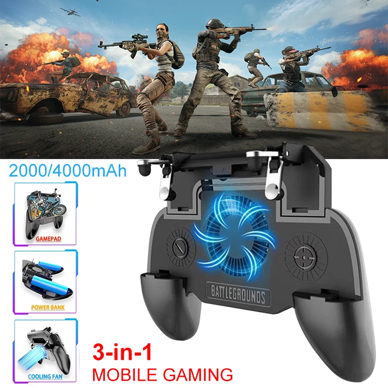 

3 in 1 Mobile Gaming PUBG Trigger Controller Gamepad Shooter Trigger with Cooling Fan&2000mah/4000mah Power Bank for Smartphone