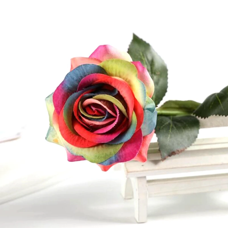 10pcs Colorful Artificial Silk Flower Rainbow Rose Flower Real Touch Wedding Home Decoration Room Decor Simulation Flower Branch