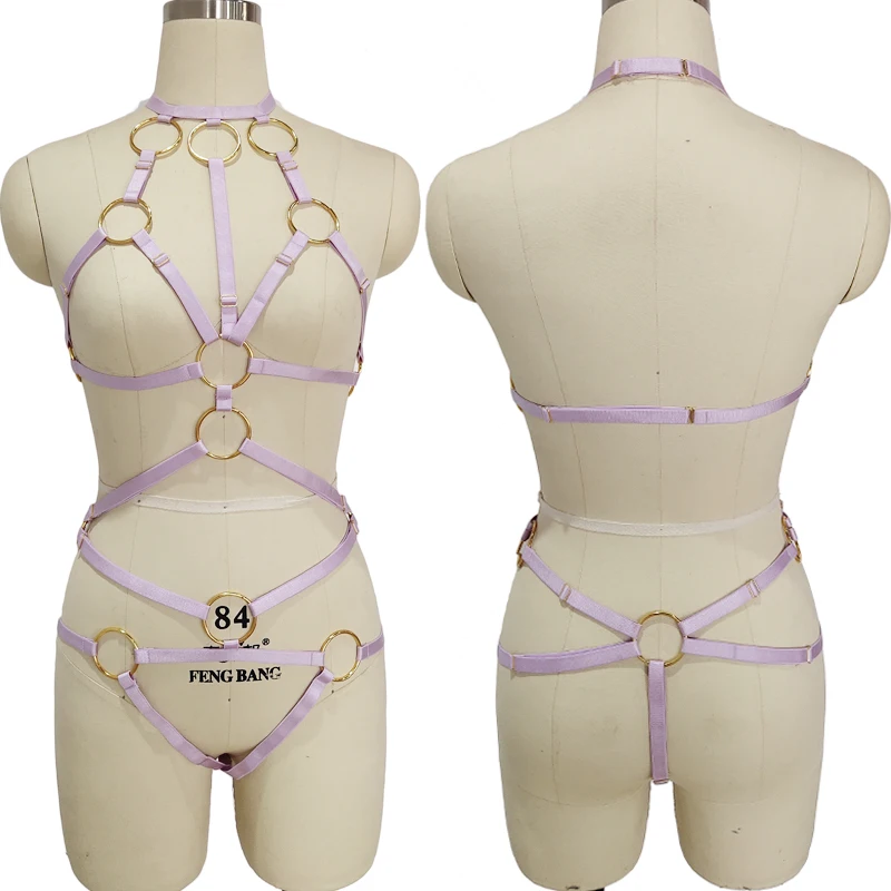 

Original Design Body Harness Belt Set Dream Purple Big Gold Color O-Ring Elastic Adjustable Sexy Pole dance Bondage Harness