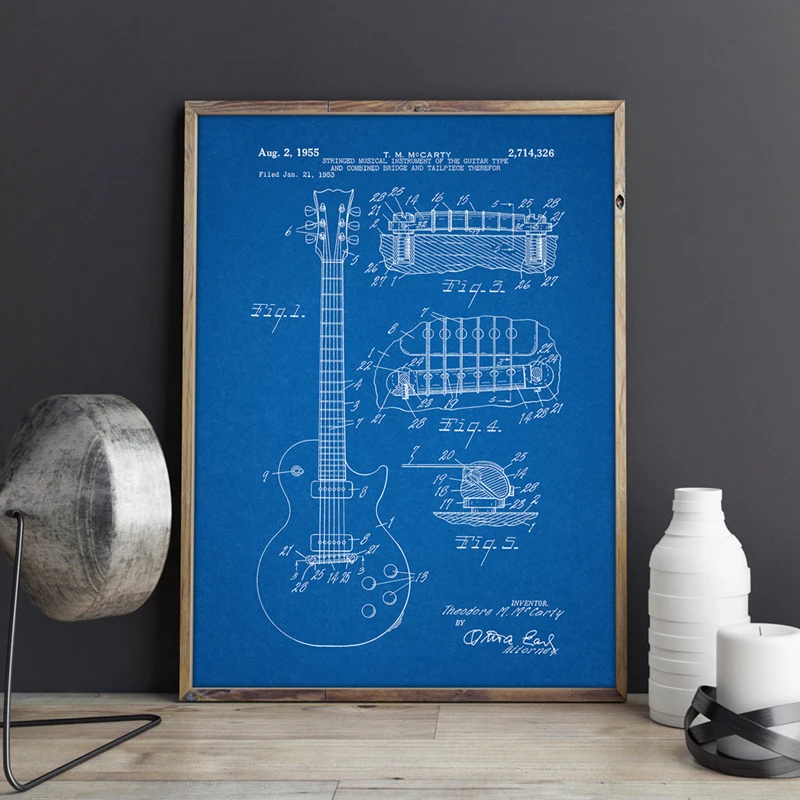 Gibson Les Paul Guitar Patent Vintage Poster Prints Home Decor Vintage Blueprint Canvas Painting Picture Gift Music Decorations