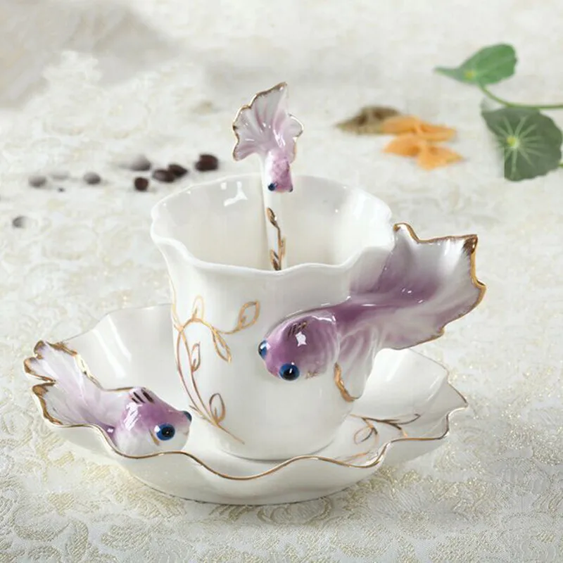 Goldfish Enamel Coffee Cup With Saucer Spoon Hadmade 3D Ceramic Tea Milk Mugs Set Breakfast Water Bottle Christmas Lover Gifts