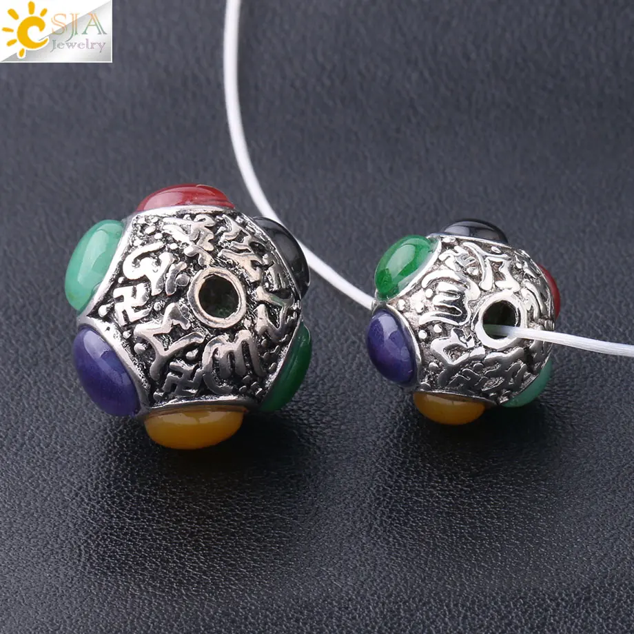 CSJA Tibetan Nepal Handmade Beads Men Women Jewelry Ethnic Charms Silver Color Bracelet Necklace Gems Buddha Spacer Beads S263