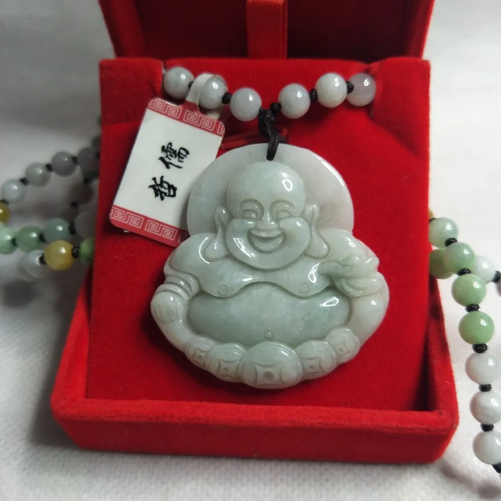 

Zheru Jewelry Pure Natural Jadeite Light Green Fortune Happy Buddha Pendant Three-color jadeite jade necklace Send A-level certi