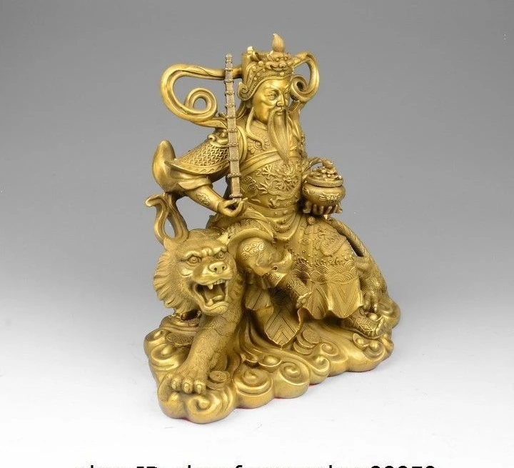 30cm Chinese Brass Dragon Zhao Gongming Mammon God Tiger Yuanbao Treasure bowl Statue