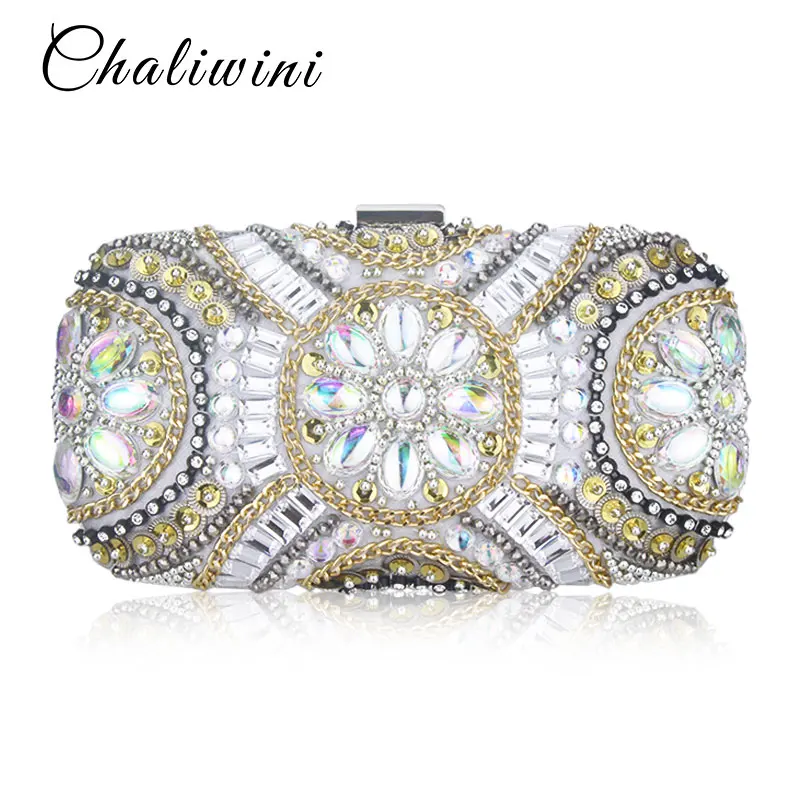 Chalwini Vrouwen Crystal Avondtasje Retro Kralen Clutch Tassen Wedding Diamond Kralen Tas Strass Kleine Schoudertassen