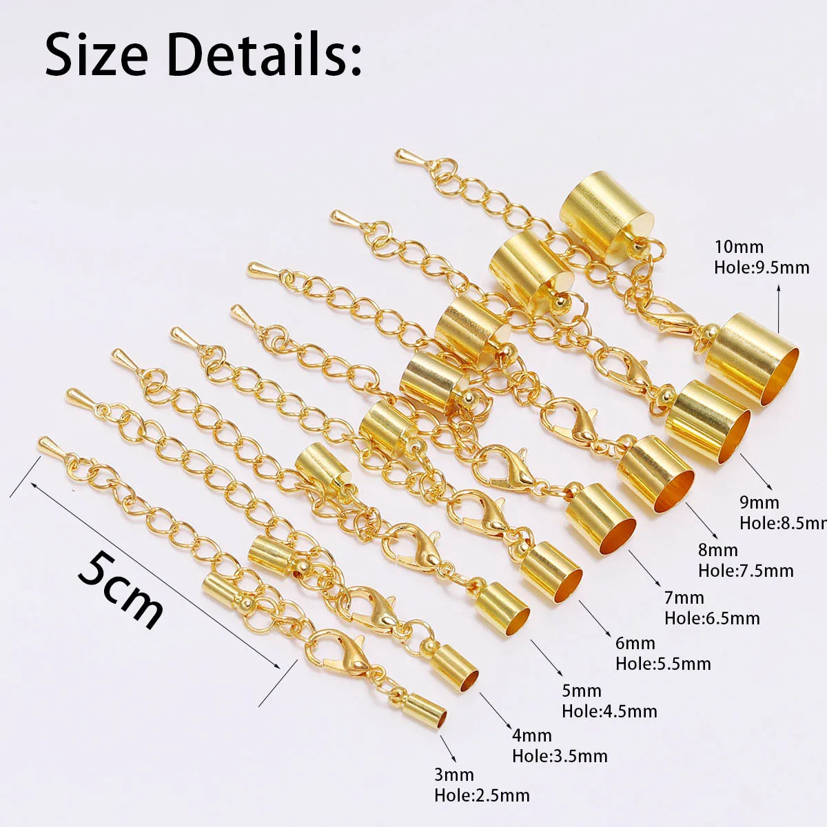 10pcs 3-10 mm Tassel Round Leather End Tip Caps With Extending chain Lobster Clasps Hooks Connectors For Jewelry Making Findings