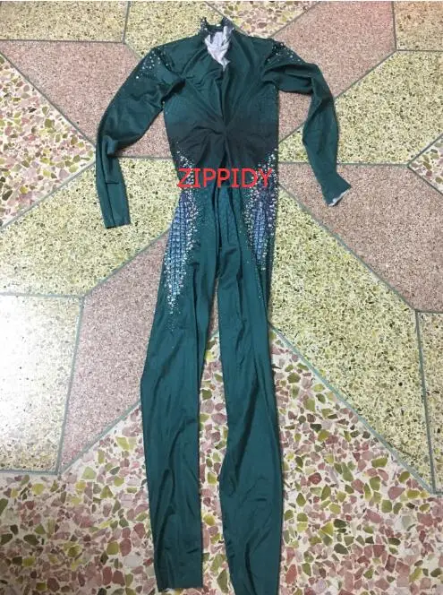 Glisten AB Rhinestones Sexy Women Green Jumpsuit Costume Big Stretch Female Singe Nightclub Performance Stage Wear Dance Rompers