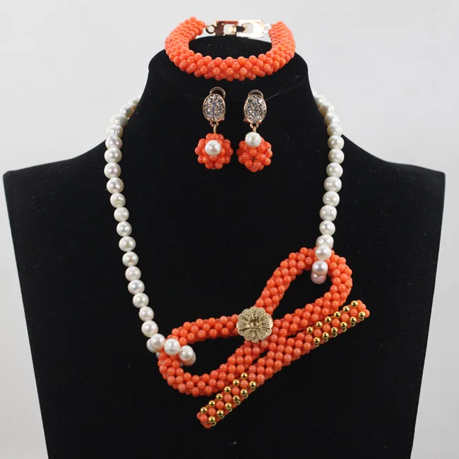 

Orange Coral Pendant Necklace Wedding Jewelry Set Elegant Freshwater Pearl Necklace Earrings Set Original Free ShippingABH005