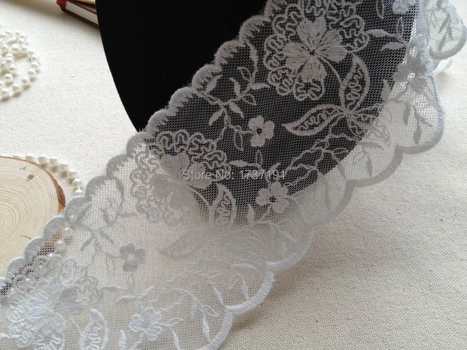 White Embroidered Tulle Lace Fabric, Wedding dress Lace, Cotton Floral Lace Trim 5 Yards