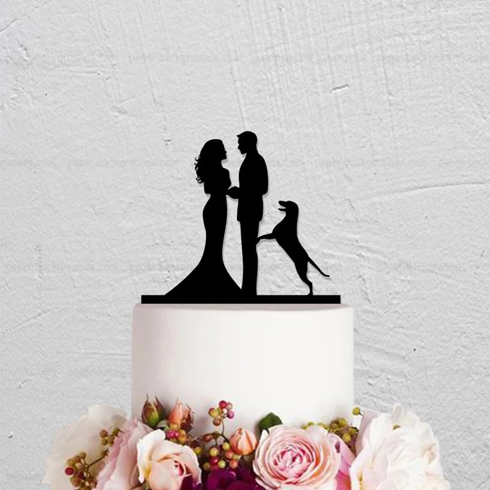 Bride and Groom with a Dog Wedding Cake Topper, Couple with a Dog Silhouette Cake Topper,  Wedding Cake Topper  Decor Supplies