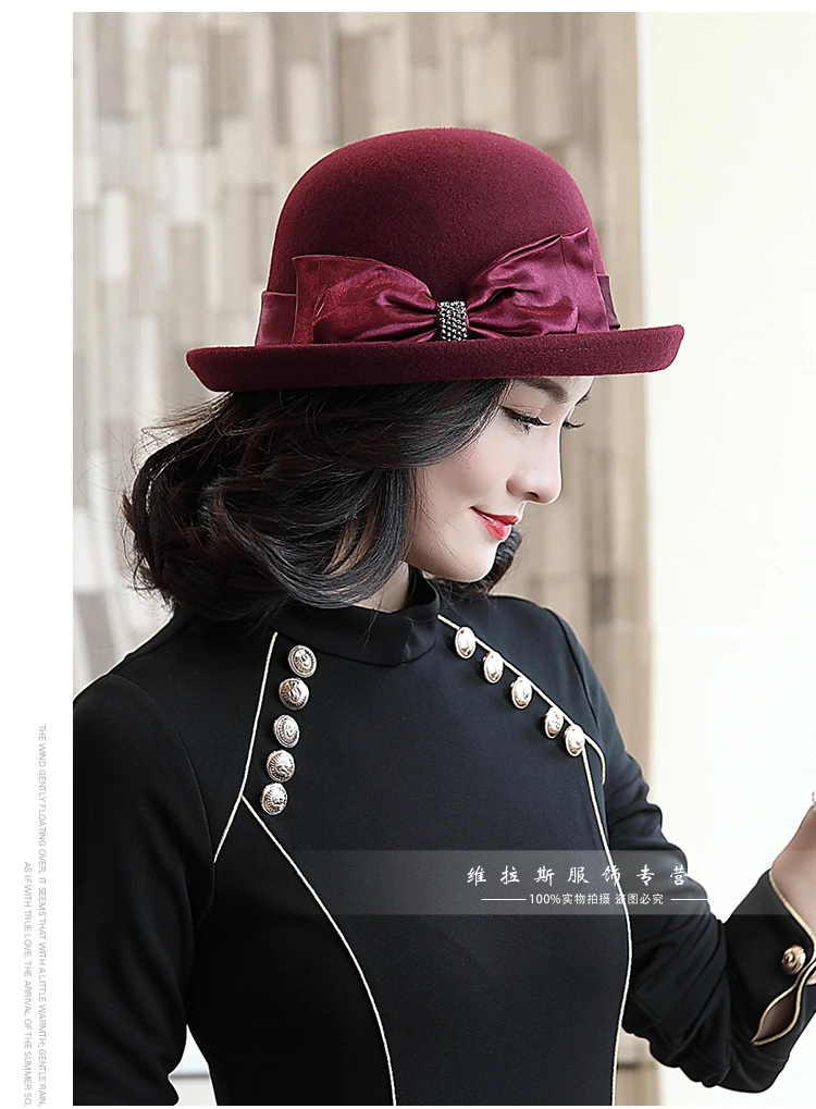 Lady Fashion Fedoras Wool Hat Girls Winter Warm Woolen Dome Cap Autumn Winter British Cap Bow Tie Fashion Fedoras Cap B-8685