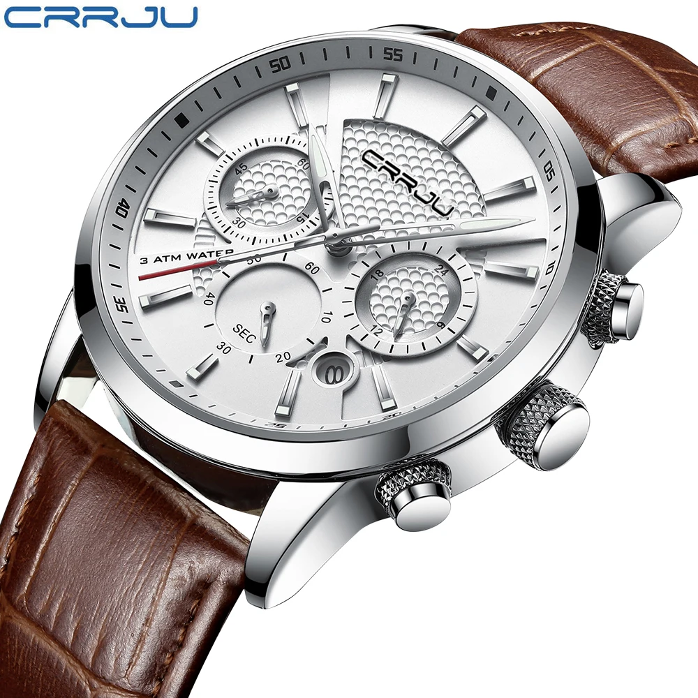 CRRJU-Reloj analógico con correa de cuero para hombre, accesorio de pulsera de cuarzo resistente al agua con cronógrafo, complemento deportivo