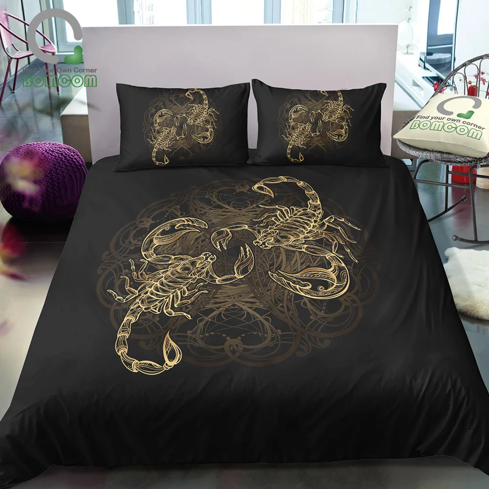 BOMCOM 3D Digital Printing Scorpion Zodiac Sign Scorpio Ornate Gold Scorpion Bohemian Mandala Bedding Set 100% Microfiber Gold