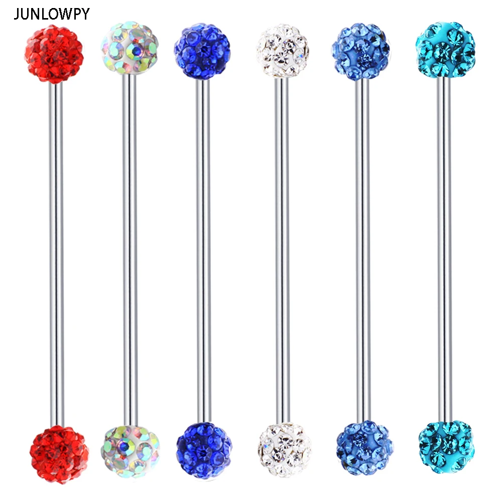 

JUNLOWPY body jewelry Wholesales 30pcs Shamaballa Ball Steel Tongue Rings Mix 10 Colors Ear Piercings Jewelry industrial barbell