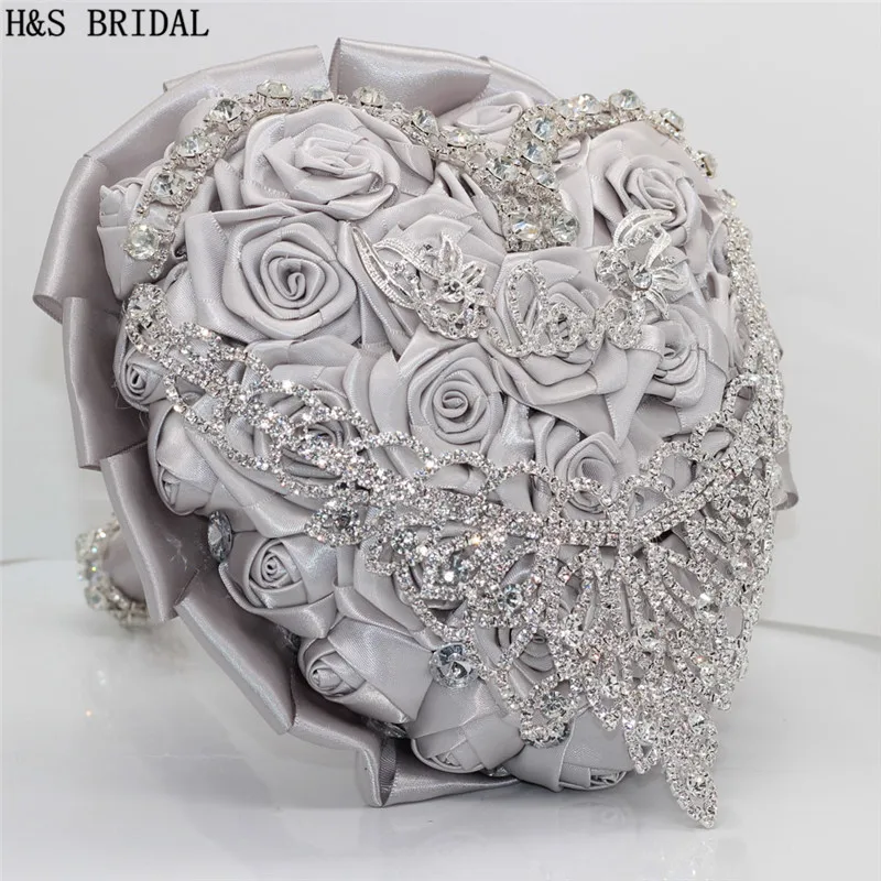 H&S BRIDAL Silver Heart shape Wedding Bouquet wedding accessories Bridal Bouquets Artificial Wedding Bouquets matrimonio